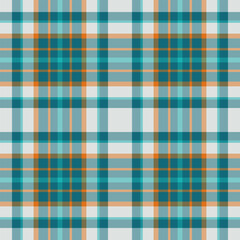 Heritage check tartan fabric, long vector texture pattern. Tracery background textile plaid seamless in cyan and orange colors.
