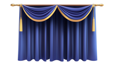 Png of Elegant blue and gold theater curtain with tassels, creating a dramatic backdrop for performances.