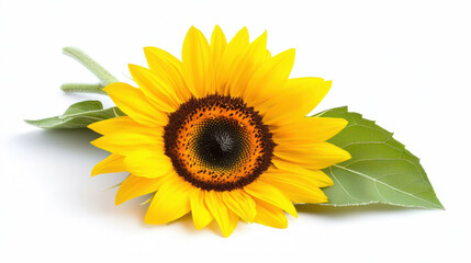 Fototapeta premium Vibrant sunflower with bright yellow petals and dark center, resting on green leaves, symbolizes warmth and positivity