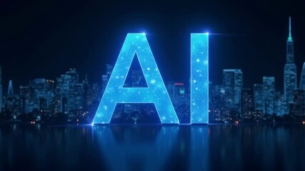Futuristic neon AI letters overlooking night cityscape with skyscrapers and reflections - Powered by Adobe
