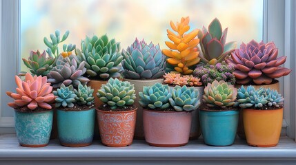 Fototapeta premium Colorful succulents in small pots on a windowsill. Various colors and types of succulents in small, decorative pots, arranged attractively on a windowsill