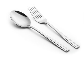 Close-up of a silver fork and spoon on a white background