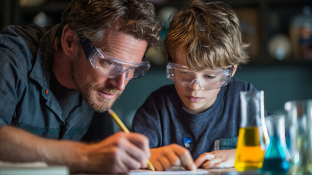 Father and son experimenting in lab 