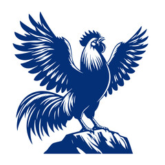 Fototapeta premium Majestic Rooster: A Stunning Blue Cock on a Rock, Wings Spread Wide