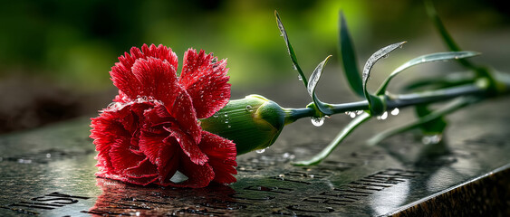 Red carnation lying on wet tombstone commemorating world war ii fallen soldiers