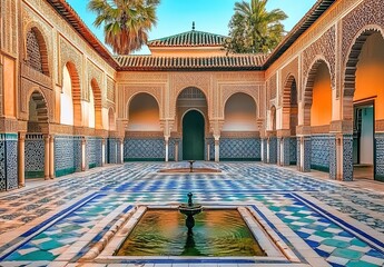 Obraz premium Islamic courtyard with arches, patterned tiles, fountains, and palm trees.