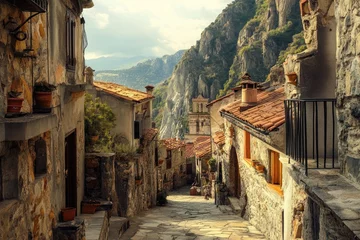 Photo sur Plexiglas Picturesque mountain village alleyway. Sunlight streams through narrow streets lined with stone buildings, terracotta roofs, and lush greenery.