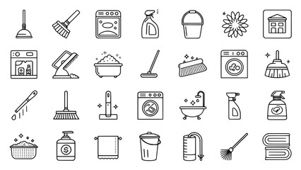 Cleaning supplies icons set vector illustration for house cleaning and organization