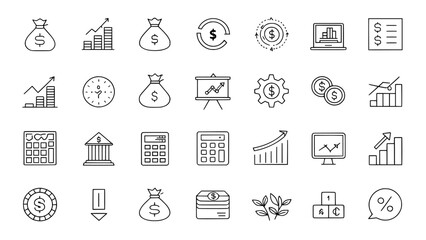 Financial planning and investment icons set for business success and growth theme