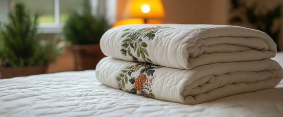 Stacked floral embroidered quilts on a bed