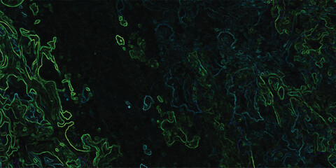 Abstract neon green and blue glowing lines on a dark background resembling organic cell structures or chemical reactions illustrating depth and texture