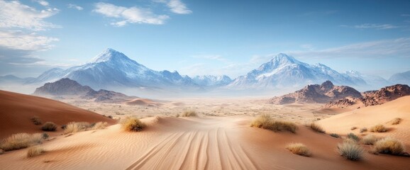 Naklejka premium Desert path leading to snow-capped mountains under a vibrant sky