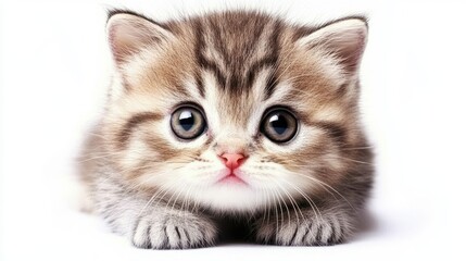 Obraz premium Adorable striped kitten with large expressive eyes sitting against a white background, perfect for animal lovers and pet enthusiasts