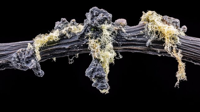 Close-Up of Black and Yellow Organic Growth on a Branch Against a Dark Background