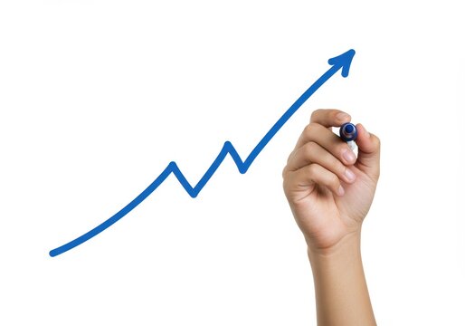 Hand drawing an upward trending blue line graph on white background
