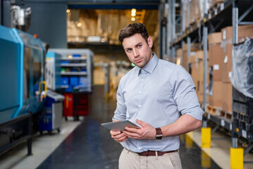 Professional in a production hall holding a tablet