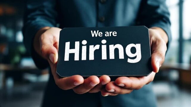 Businessman holding sign announcing open job positions recruiting new employees hiring now