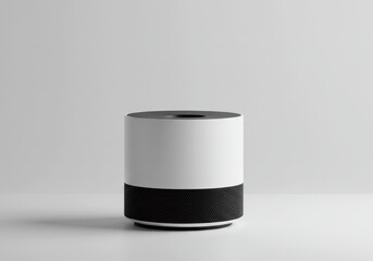 Modern cylindrical speaker with black and white design on a white background