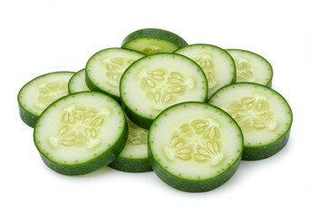A pile of fresh cucumber slices on a clean white surface top