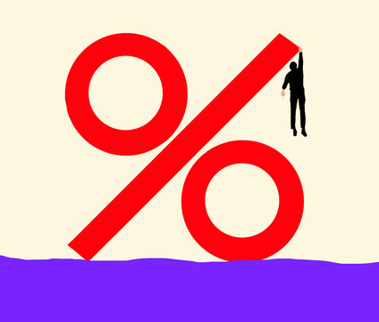 Illustration of a person hanging from a large red percentage symbol floating in water, symbolizing financial risk and uncertainty