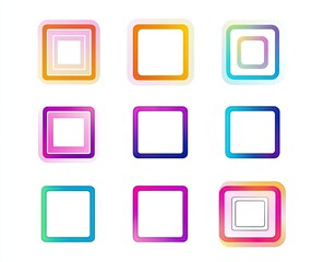 Colorful square frames.  A set of nine colorful, layered square frames. Each frame has a vibrant gradient color scheme