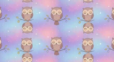 Obraz premium Cute owl pattern on a pastel gradient background.