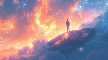Fototapeta premium A solitary figure standing on a luminous asteroid, the cosmos behind him ablaze with swirling colors 