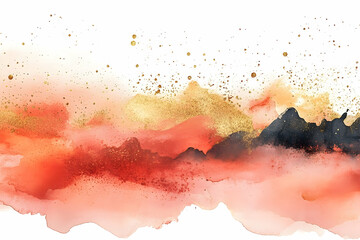 Abstract watercolor painting featuring layers of coral, gold, and black hues.