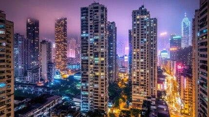 Misty Night Skyline of Modern City
