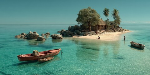 Fototapeta premium Tropical island with crystal clear water, boats, and a thatched hut during calm sunny weather