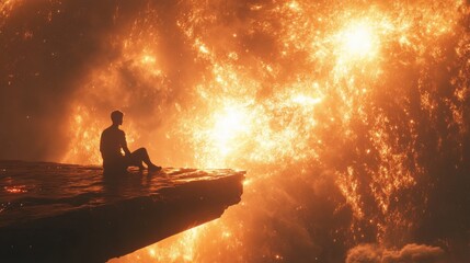 A solitary figure sitting on the edge of a floating cosmic platform, gazing at a massive, glowing star cluster 