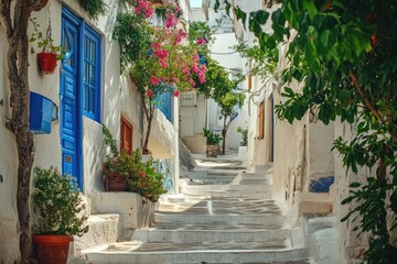 Picturesque whitewashed alleyway with vibrant flowers and blue doors.  Sunlight illuminates the steps