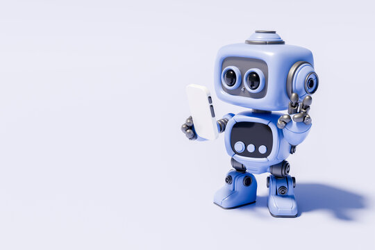 3D rendering of a cute robot taking a selfie with a smartphone