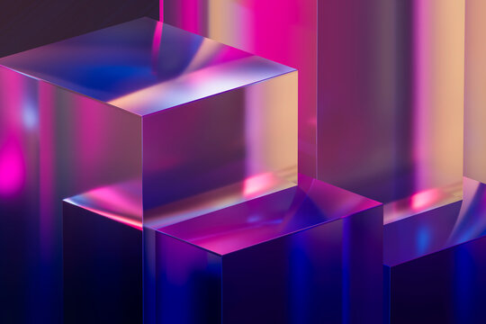 Abstract 3D rendering of glass cubes with neon reflections