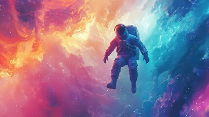 A solitary astronaut floating weightlessly through a cosmic sea of vibrant light and color 