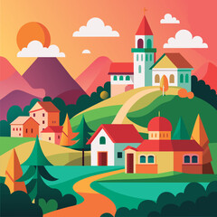 Fototapeta premium Charming village scene at sunset.