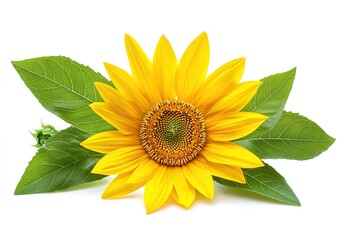 Obraz premium A yellow sunflower with green leaves, set against a white background, creating a natural and vibrant atmosphere.