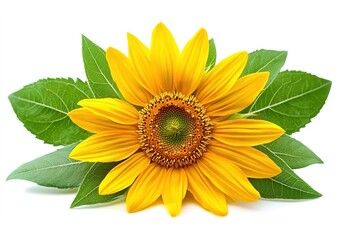 Fototapeta premium A yellow sunflower with green leaves, set against a white background, creating a natural and vibrant atmosphere.