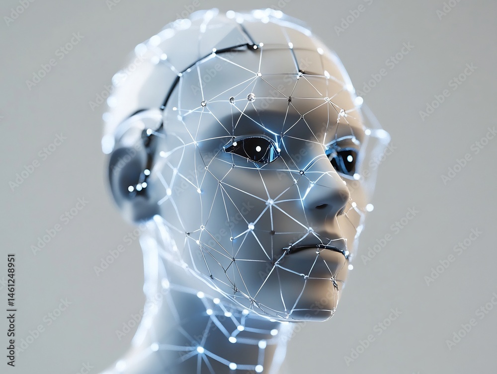 Poster abstract humanoid connected with geometric data network representing ai