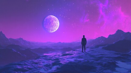 Fototapeta premium A single man standing on a moonlit cosmic plain, the universe above alive with vibrant hues of purple and blue 