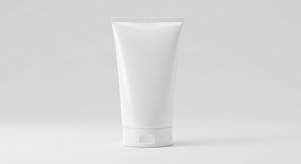 Empty white cosmetic tube product mockup, standing upright on a plain light gray background. Blank tube product design for branding and marketing purposes.