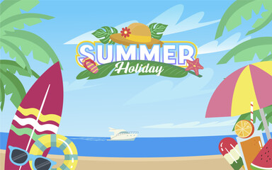 Colorful tropical beach background with summer holiday text, surfboard, fruits, and sea view for vacation ads or banners. Summer holiday 2025 banner and greeting.  