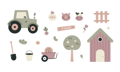Farm set with cute pig, cow, chicken, tractor, garden wheelbarrow. For fabric, wrapping, cards, textile, wallpaper, apparel. Isolated vector illustration in flat cartoon style on white background.