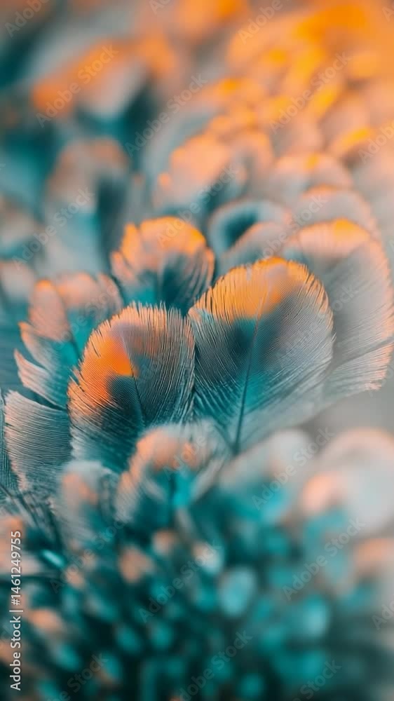 Poster soft, fluffy turquoise and orange feathers create a beautiful textured background, with a shallow de