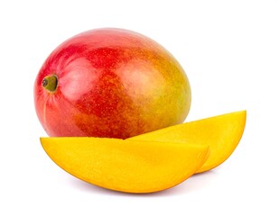 Ripe Mango Fruit Slices on White Background