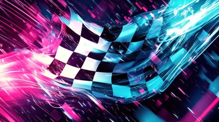 Checkered flag waving in vibrant digital glow.  Dynamic lines and glowing colors surround the flag, creating a futuristic racing or competition theme