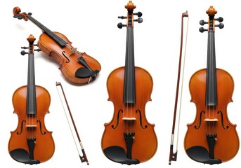 Naklejka premium Violin and bow displayed in different views against a white background