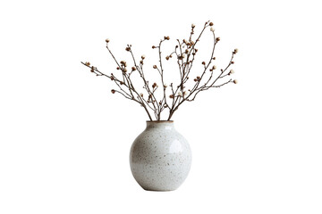 A ceramic vase with speckled texture holds brown branches tipped with white cotton buds, isolated on a transparent background