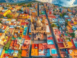 Fototapeta premium A colorful rooftops town with a Gothic cathedral at the center, featuring hills in the background, creating a warm and historical atmosphere.