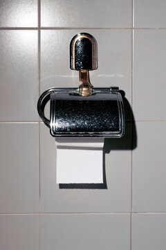 Closeup of a vintage style silver toilet paper dispenser in a bathroom